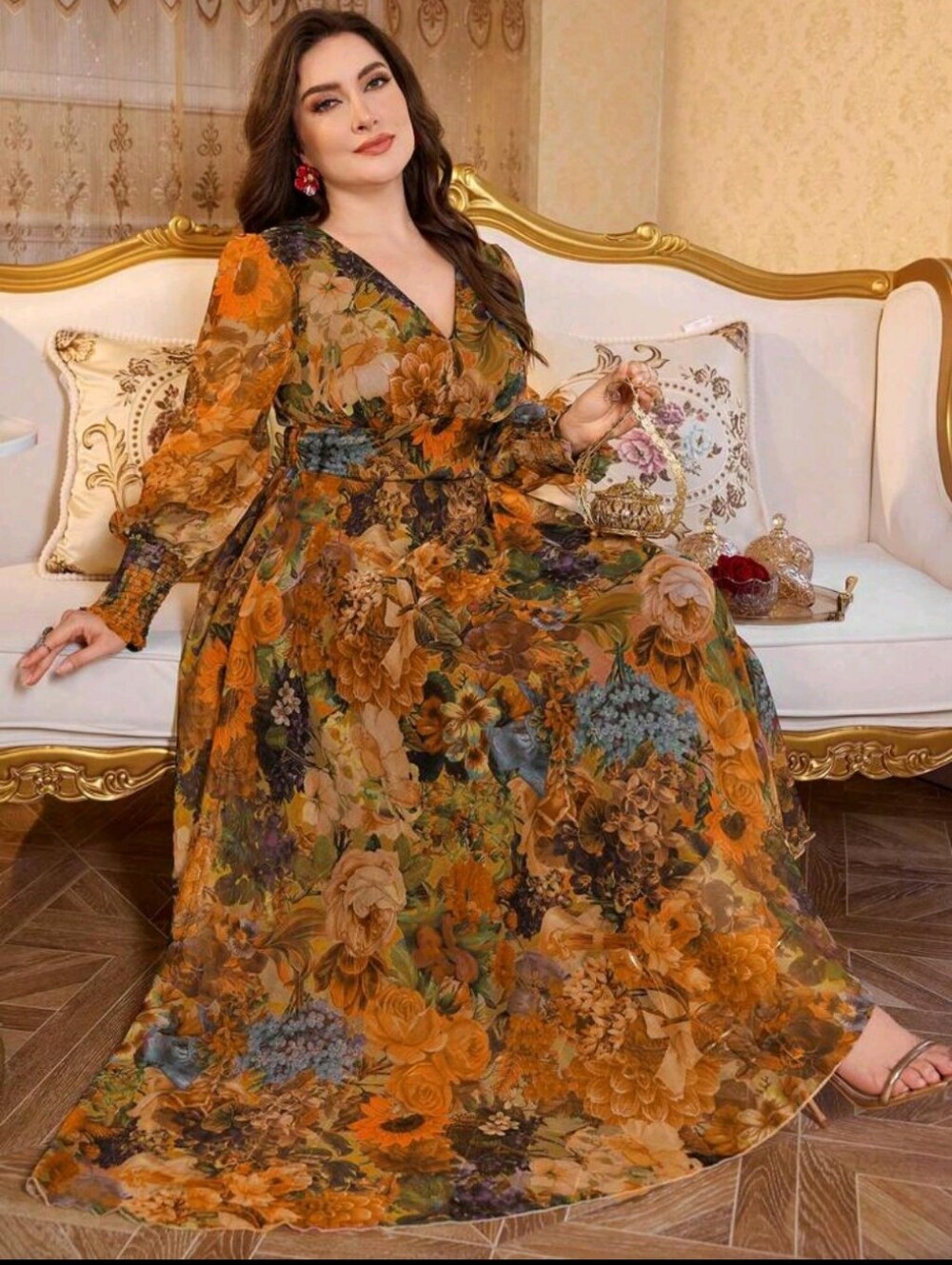 SHEIN Floral V-Neck Maxi Dress in Mustard Orange and Green